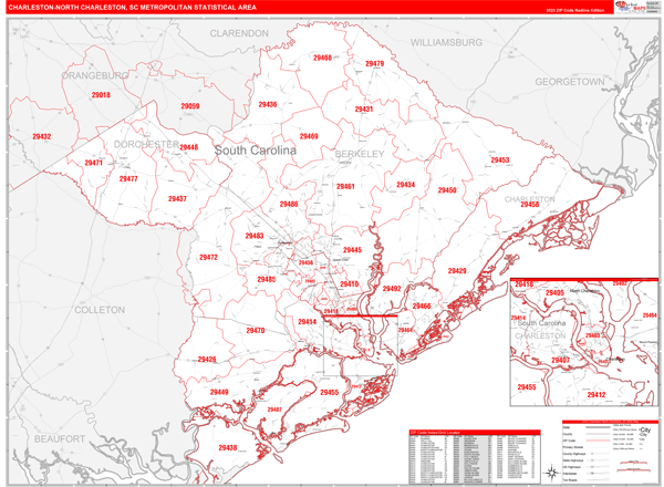 Charleston-North Charleston Metro Area Digital Map Red Line Style